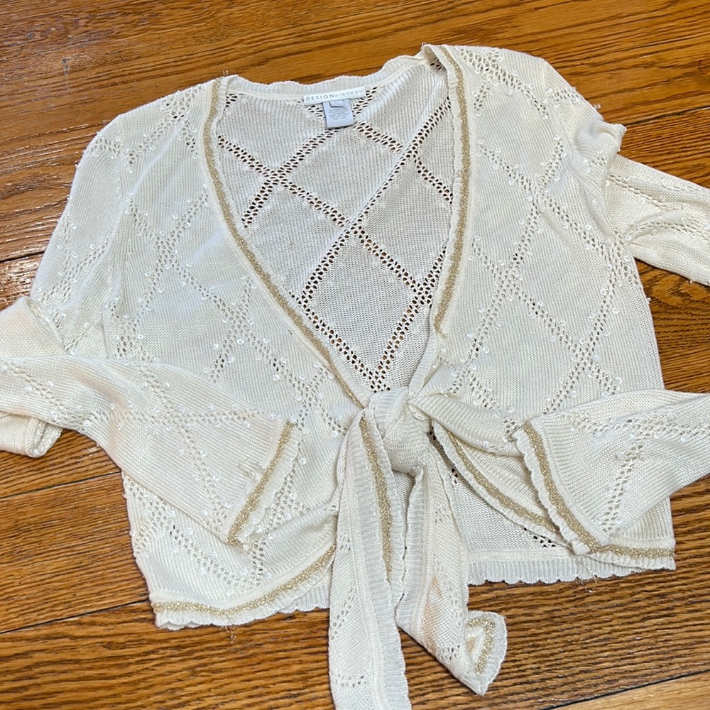 Design History brand cream cardigan w/metallic threads, sequins & beads. Large.